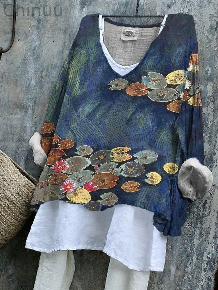 Japanese Lotus Leaf Print Flowy Tunic