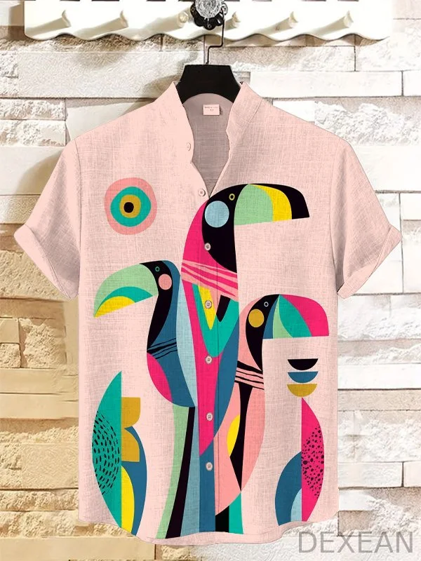 Men's Abstract Tropical Toucan Print Linen Blend Shirt