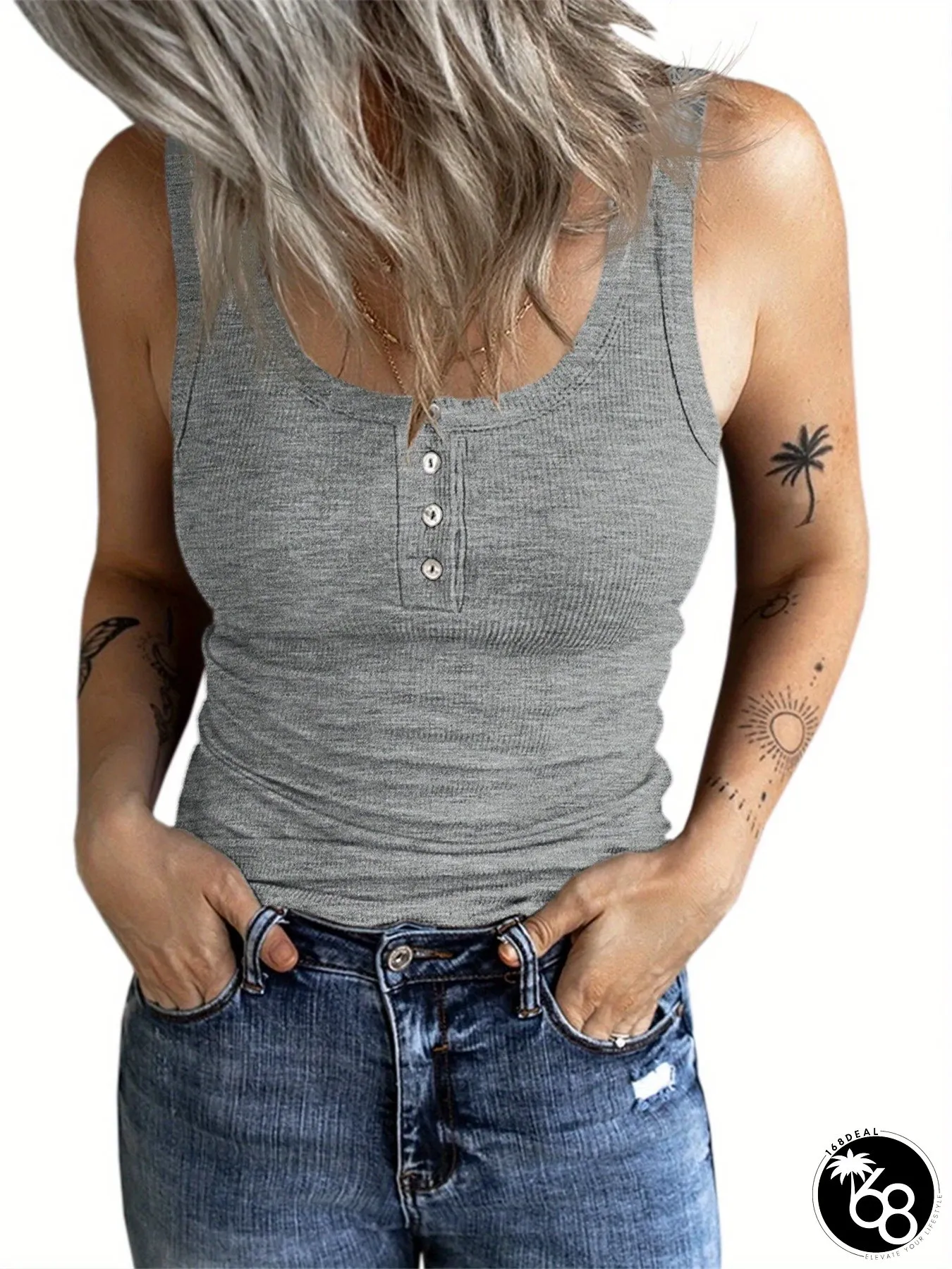 Womens Sleeveless Ribbed Tank Top with Button Detail Slim Fit V-Neck Cami Shirt Casual | 168DEAL