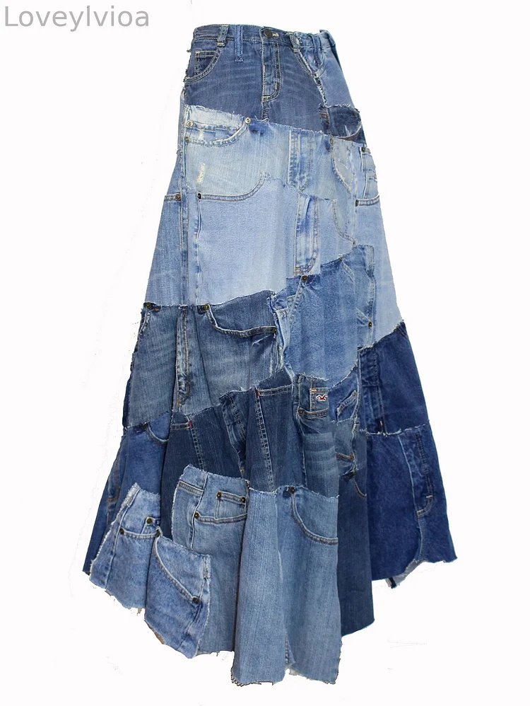 Street Colorblock Pattern Patchwork High Waist Asymmetric Midi Skirt [Pre-Order]