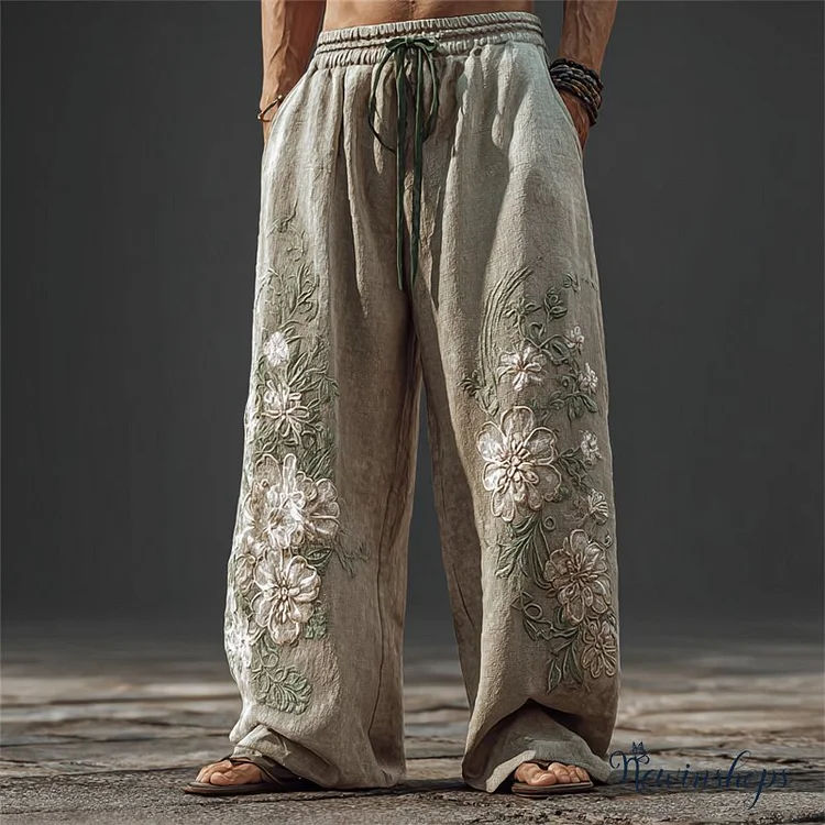 Men's Boho Floral Embroidered Wide Leg Linen Pants