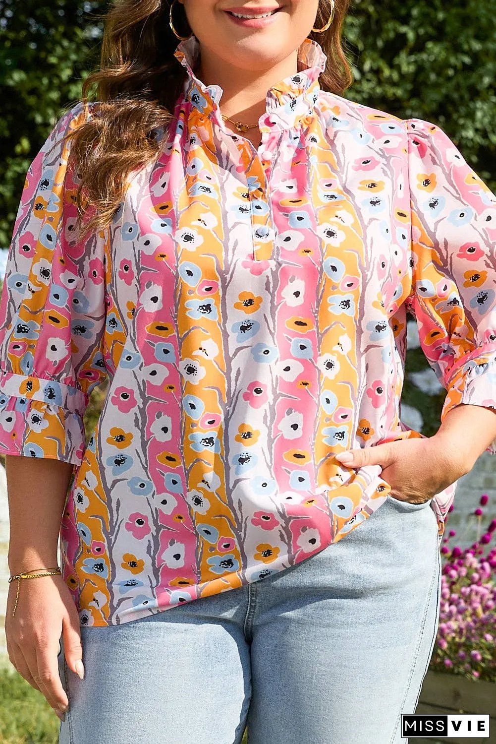 Plus Size Floral 3/4 Sleeve Spring Blouse
