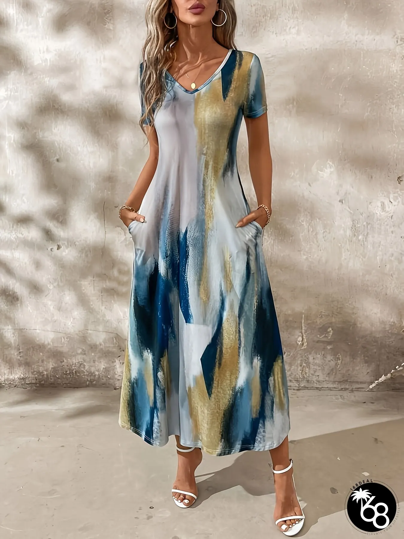 V-neck short-sleeve a-line dress irregular gradient printed pocket detail casual | 168DEAL