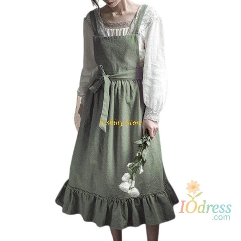 IO Dress Cotton Linen Ruffle Apron for Women Girls Vintage Baking Cooking Gardening Work Apron Maid Pinafore Dress with Pockets