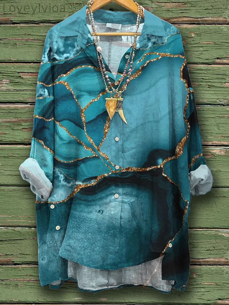 Women's Vintage Marble Pattern Print Casual Cotton And Linen Shirt