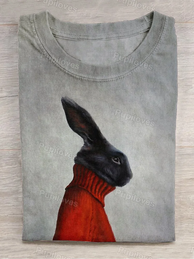 Pupiloves Pupiloves  Unisex Christmas Bunny Art Print Round Neck Short Sleeve T-Shirt