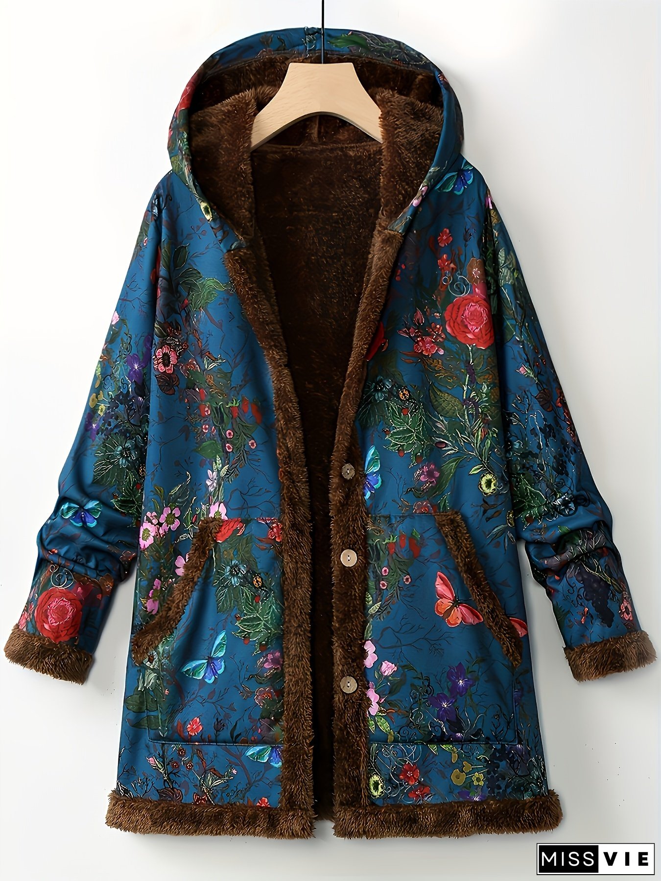 Winter Season Womens Flower Print Hooded Thermal Coats Casual Long Sleeve Winter Jackets