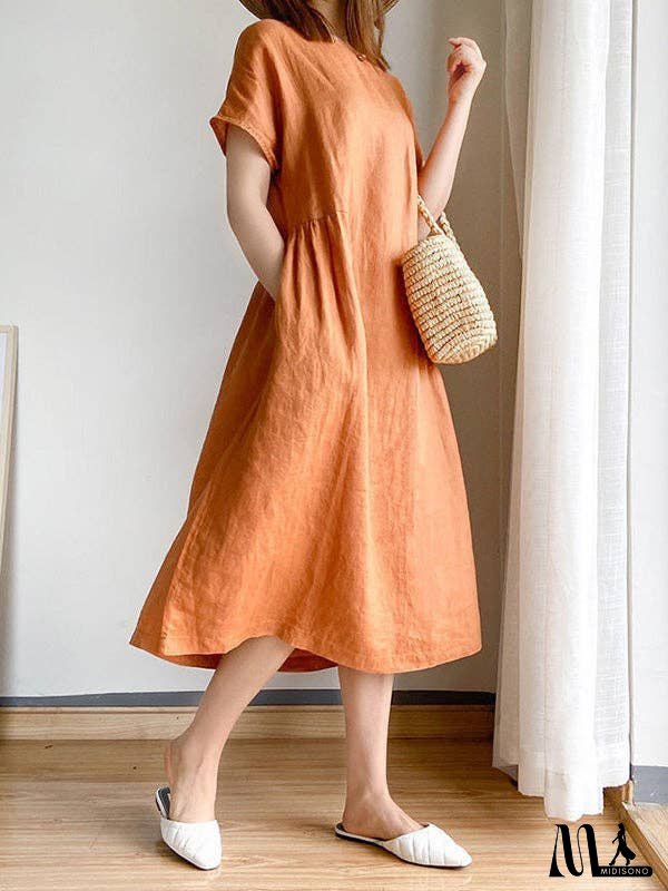 Casual Loose Solid Color Round-Neck Midi Dresses