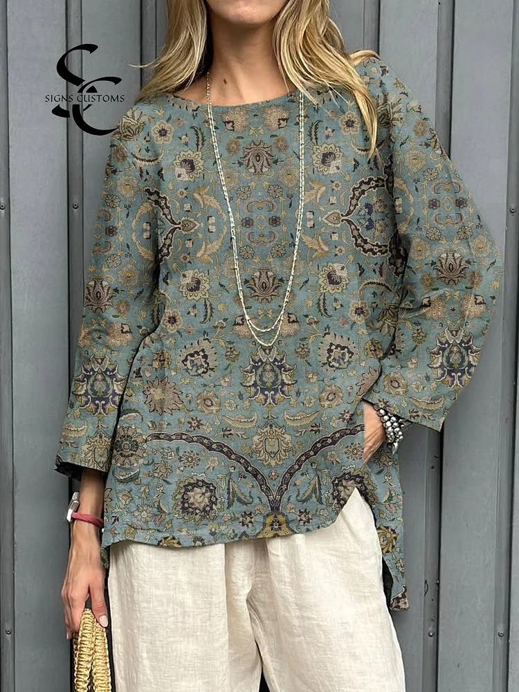 Women's Vintage Ethnic Pattern Art Print Casual Cotton And Linen Shirt