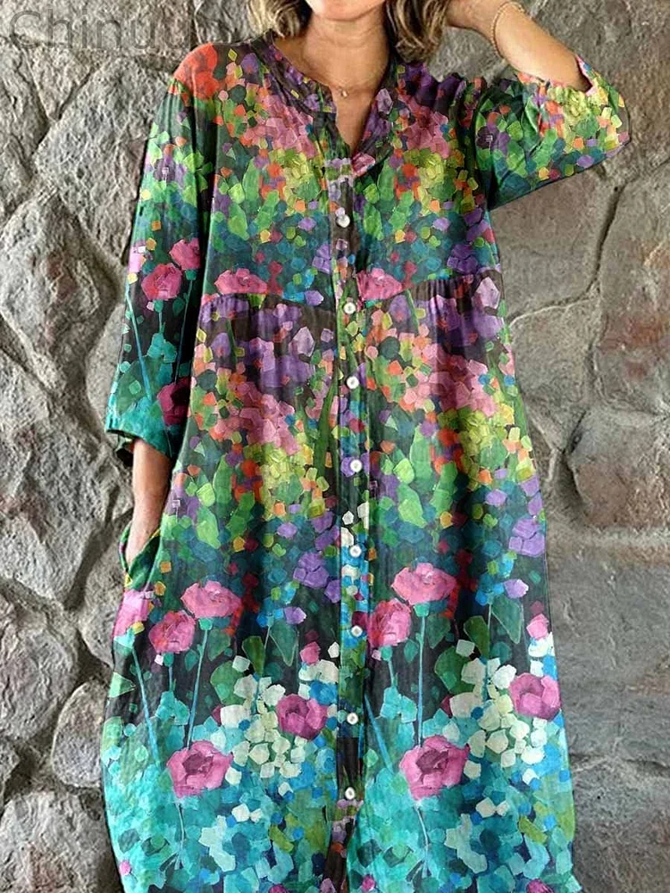 Women's Art Colorful Floral Pattern Shirt Style Cotton and Linen Dress