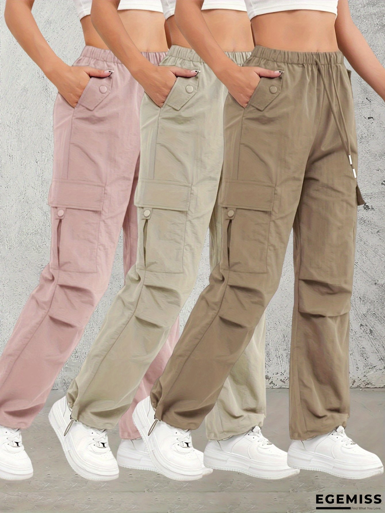 [Breathable Cargo Pants] 3pcs Lightweight Breathable High-Waisted Cargo Pants for Women | Polyester, Elastic Drawstring Waist, Multiple Pockets, Loose Fit All-Season Casual Workwear - Beige, Black, Brown, Street Style, Nonstretch Fabric | EGEMISS