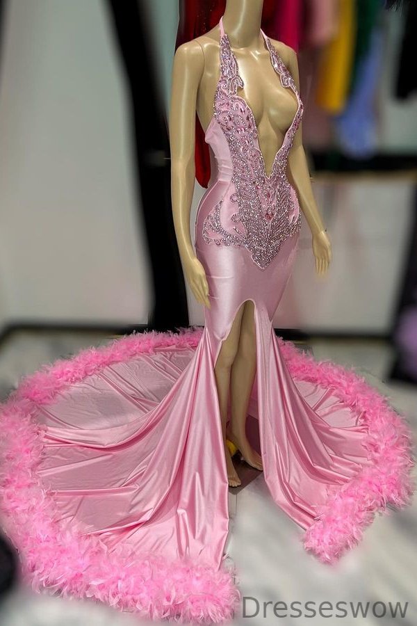 Dresseswow Pink Deep V-Neck Mermaid Prom Dress Beadings Split With Feathers Bottom