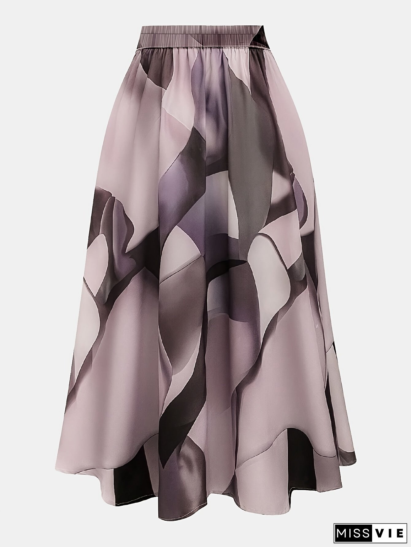 Women's Elegant Geometric Print Midi Skirt with Adjustable Waist Tie - Machine Washable Non-Stretch Fabric, Abstract Pattern in Muted Tones for Spring Summer Fall, Casual to Semi-Formal Wear, Cute Skirts, Seasonal Fashion, Graceful Silhouette