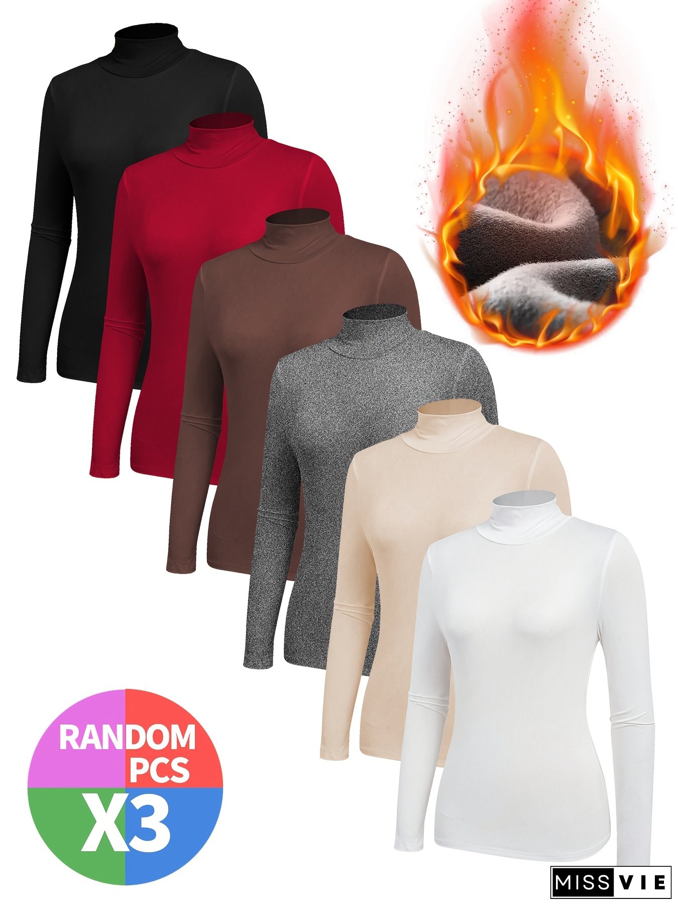 3pcs Women&lsquo;s Plus Size Long Sleeve Turtleneck Tops - Assorted Colors, Stretchy & Warm, Perfect for Fall/Winter, Slimming Fit, Versatile Layering Piece, Plus Size Blouses