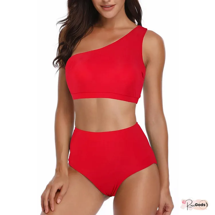 Solid Two Pieces One Shoulder High Cut Swimsuit