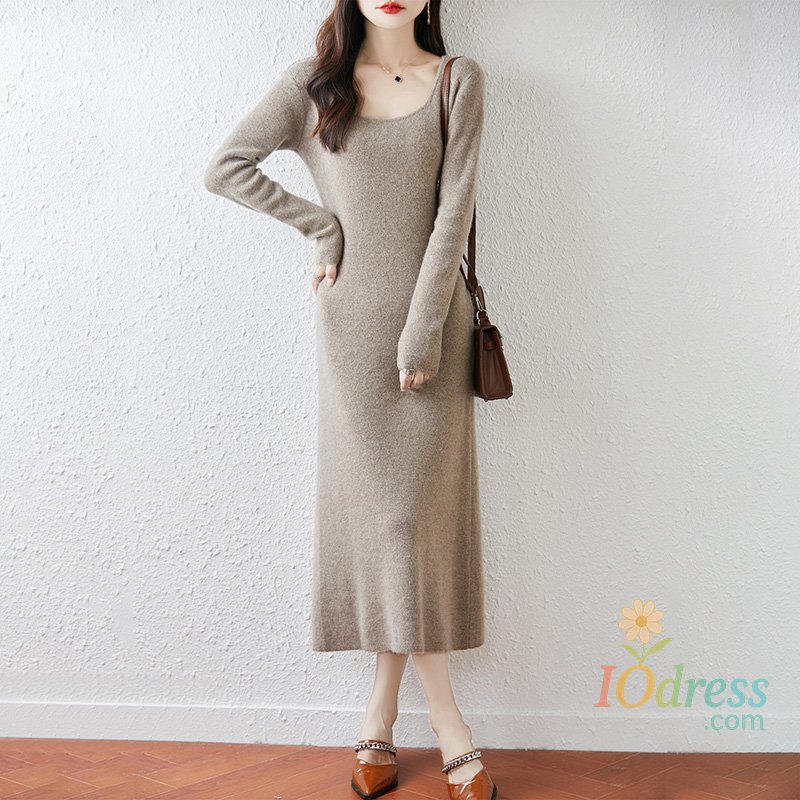 IO Dress Elegant 100% Wool Dress Women Long Sleeve Curl O-neck Wool Knit Mermaid Sweater Skirt Spring Autumn Winter Fashion Female Dress