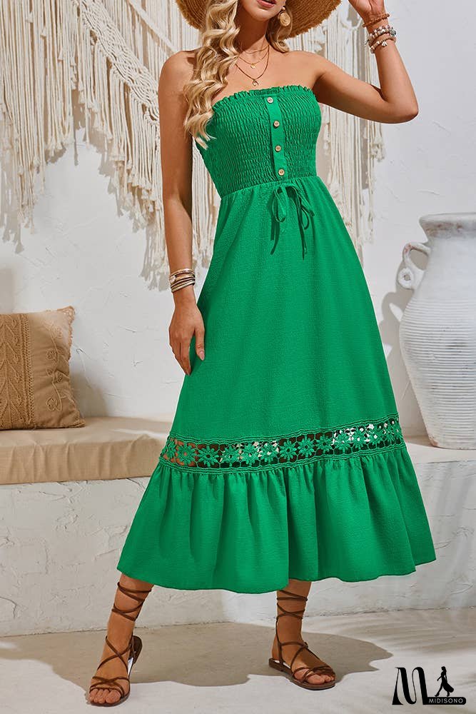 Spring Plain Strapless Smocked Buttoned Maxi Dress SN355