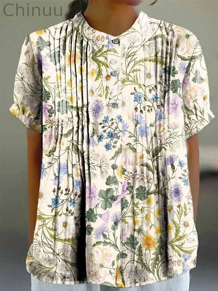 Women's Elegant Yellow and Blue Floral Print Casual Cotton And Linen Shirt