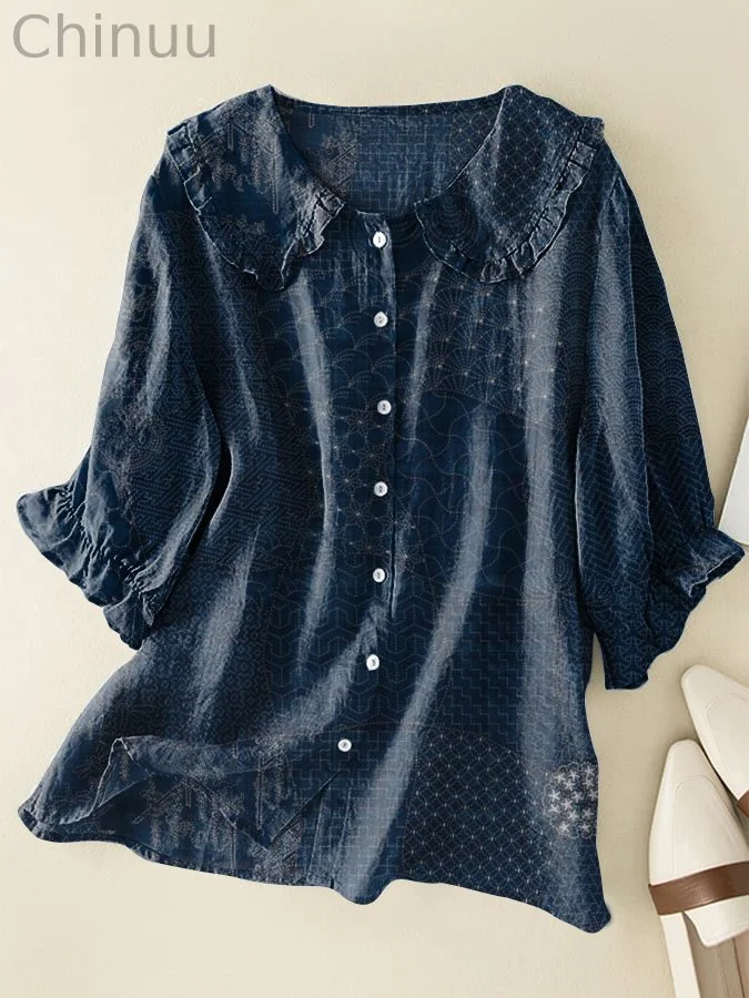 Japanese Sashiko Printed Cotton and Linen Peter Pan Ruffle Collar Shirt