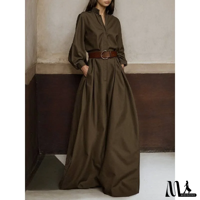 Long Sleeves Loose Buttoned No Belt Solid Color V-neck Jumpsuits