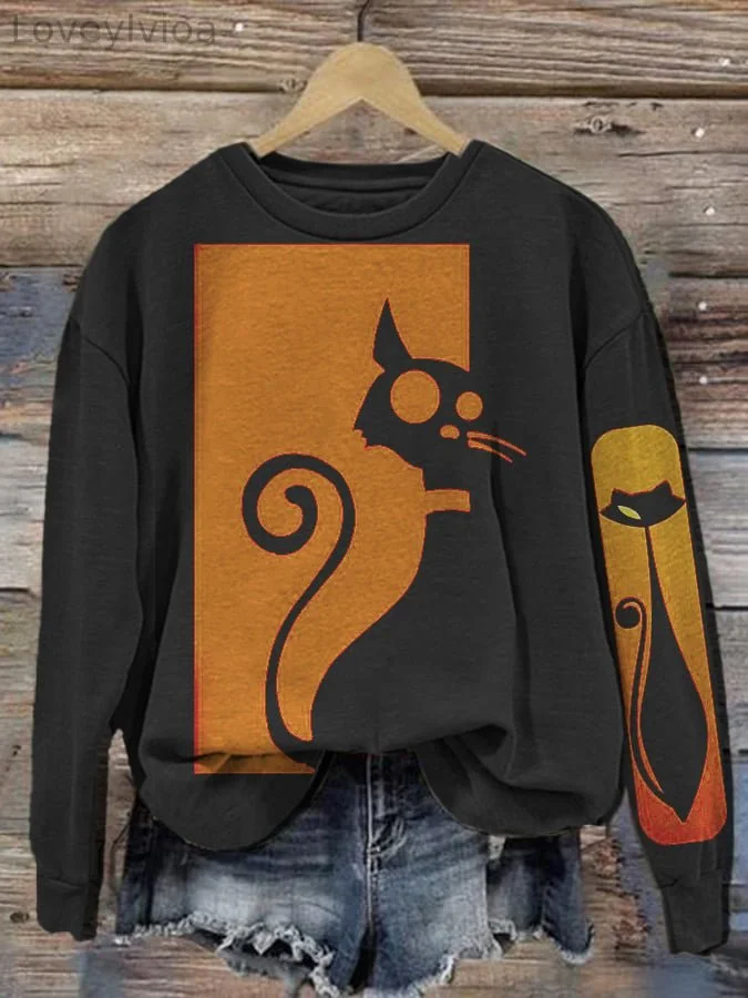 Women'S Halloween Cat Silhouette Print Long Sleeve Sweatshirt