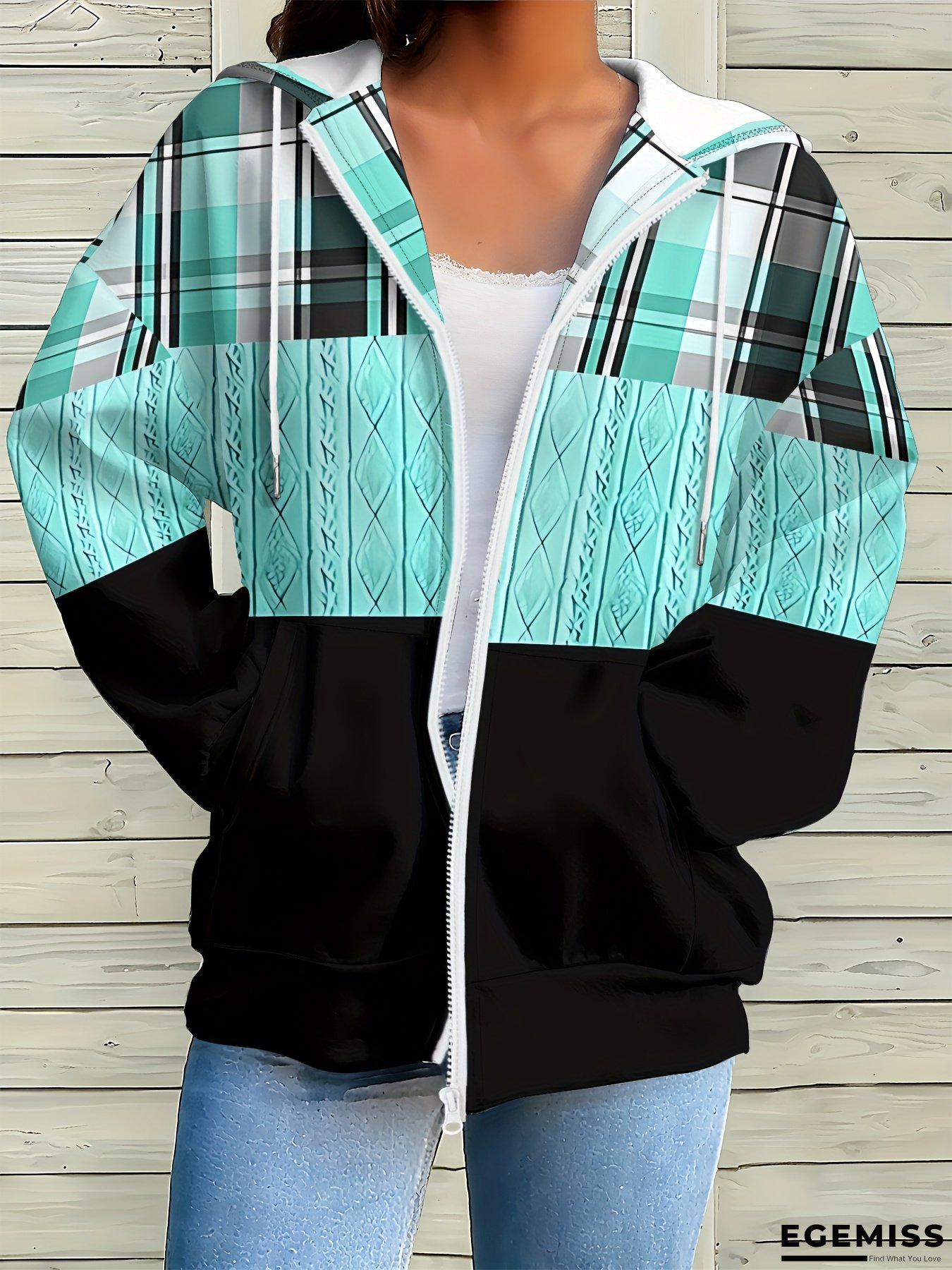 Women's Color-Block Plaid Print Zip-Up Hoodie with Blue Plaid Sleeves & Black Body - Full-Zip Front, Machine Washable, All-Season Casual Sweatshirt for Fall/Winter, Trendy Outerwear (Regular Fit) | EGEMISS