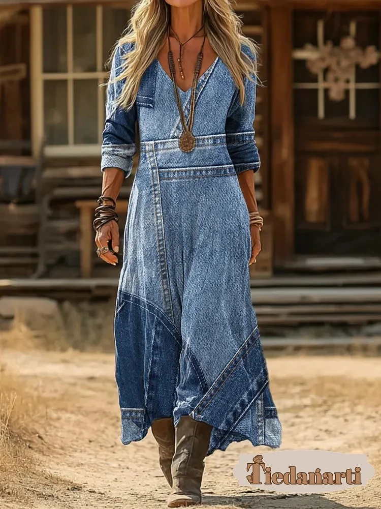 Women's Denim-Print Patchwork Artistic Print Pocket Cotton Dress