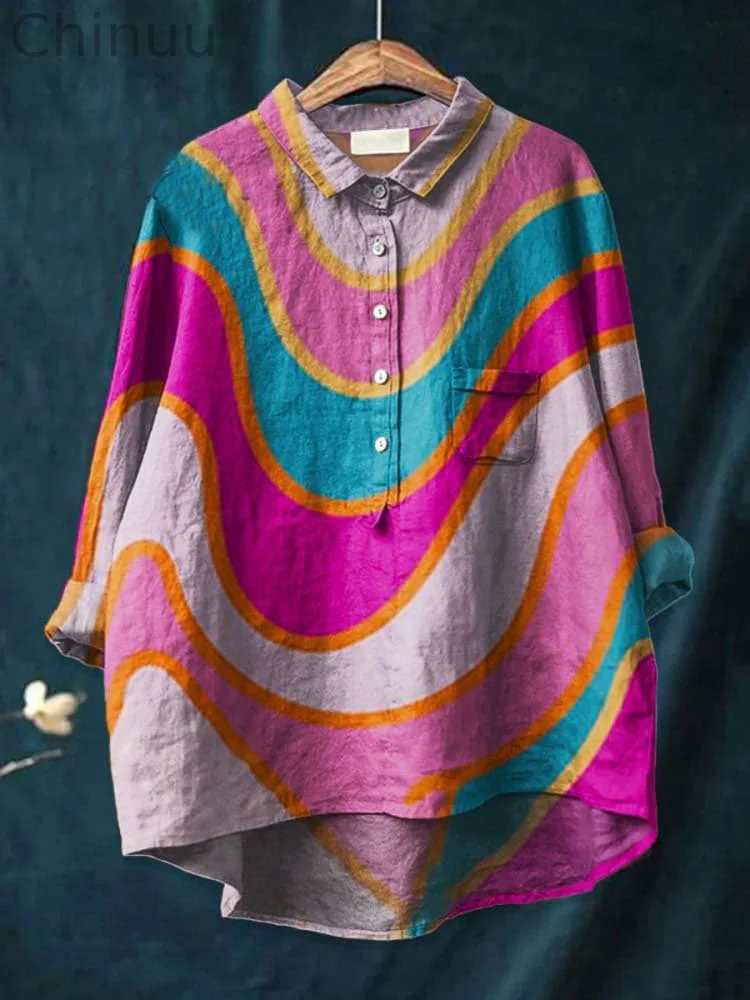 Women's Abstract Geometric  Art  Print Casual Cotton And Linen Shirt