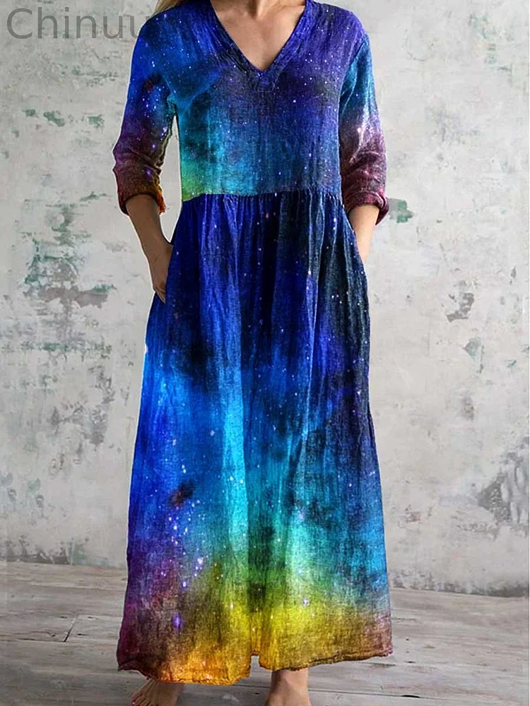Women's Round Neck Rainbow Gradient Print Dress With Pockets