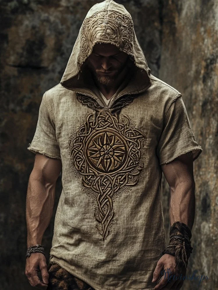 Nordic Mythology Sun Totem Men's Linen Hooded Shirt