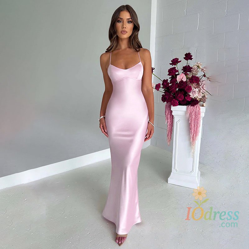 IO Dress Sexy Spaghetti Strap Satin Dresses Women Elegant Backless Lace Up Mermaid Dress Woman Sleeveless Slim Bodycon Party Long Dress IO Dress