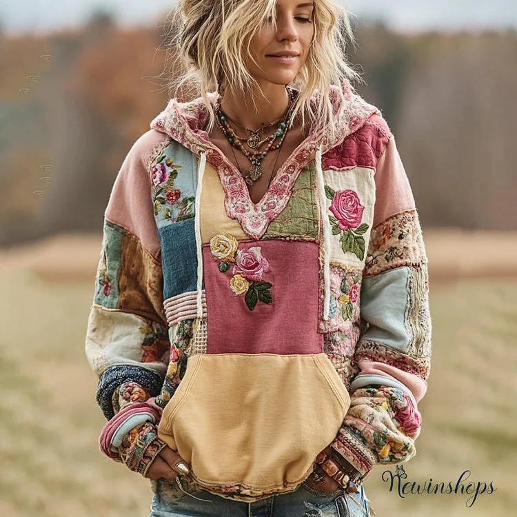 Women's Vintage Rose Floral Patchwork Art Cozy Warm Hoodie