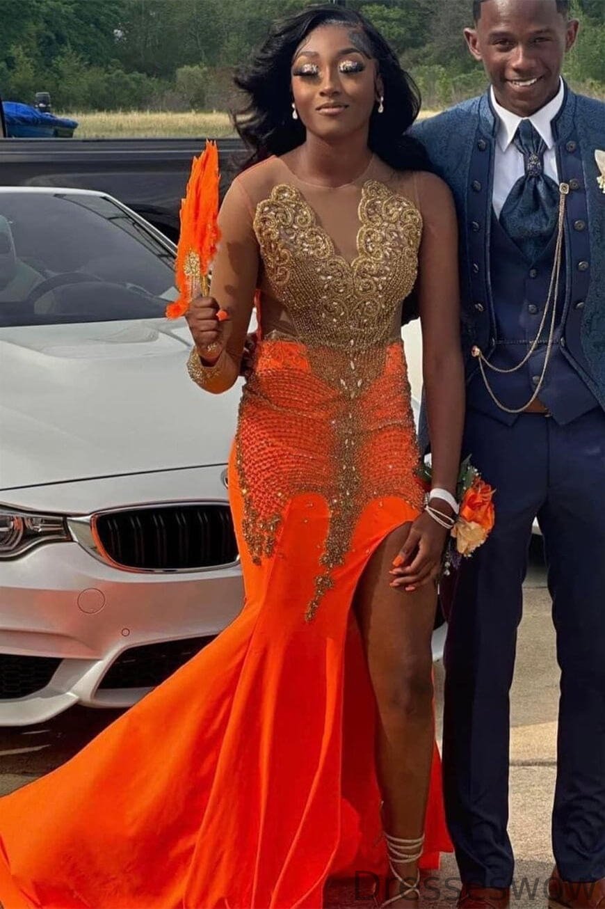 Dresseswow Orange Scoop Long Sleeve Mermaid Evening Gowns With Split Beadings