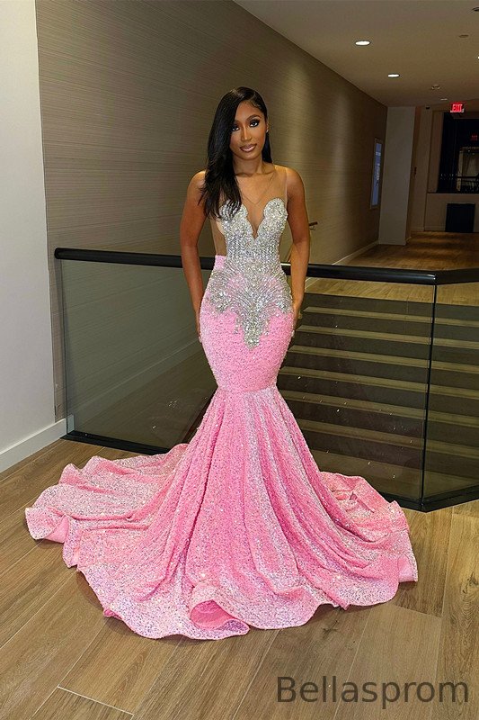 Bellasprom Pink Sequins V-Neck Prom Dress Sleeveless With Crystals Bellasprom