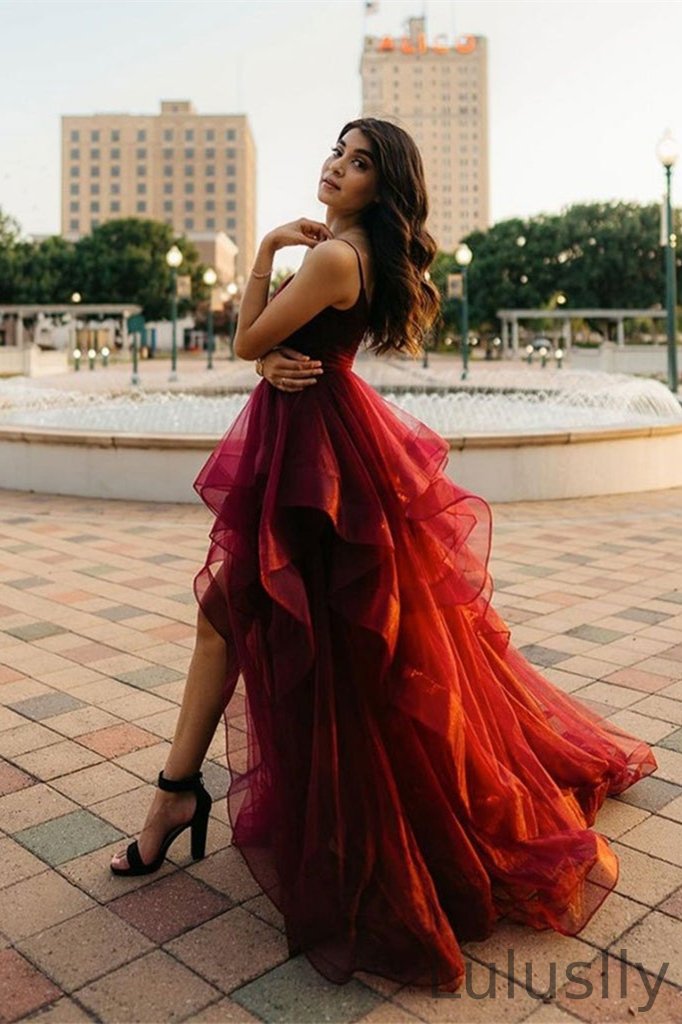 Luluslly Burgundy Spaghetti-Straps Tulle Porm Dress Ruffles