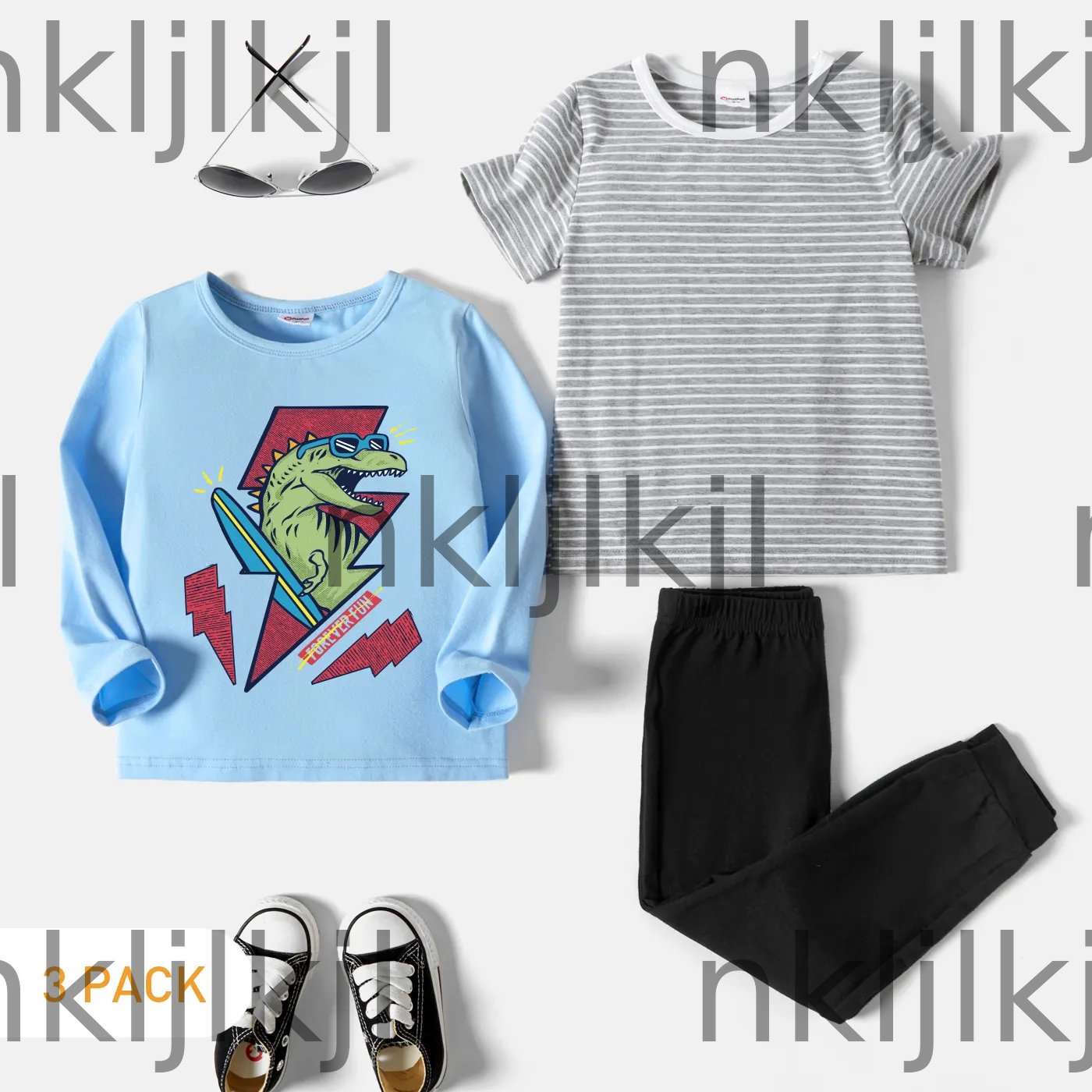 3-Pack Toddler Boy Graphic Dinosaur Print & Striped Tee & Pants Set