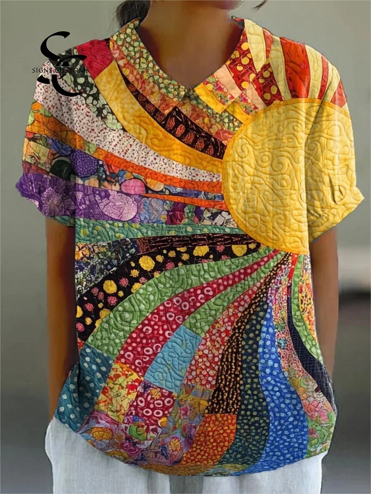 Women's Abstract Sun Floral Patchwork Pattern Art Print Casual Cotton And Linen Shirt