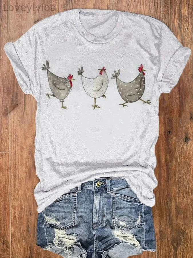 Women's Fun Chicken Print Round Neck Short Sleeve T-Shirt
