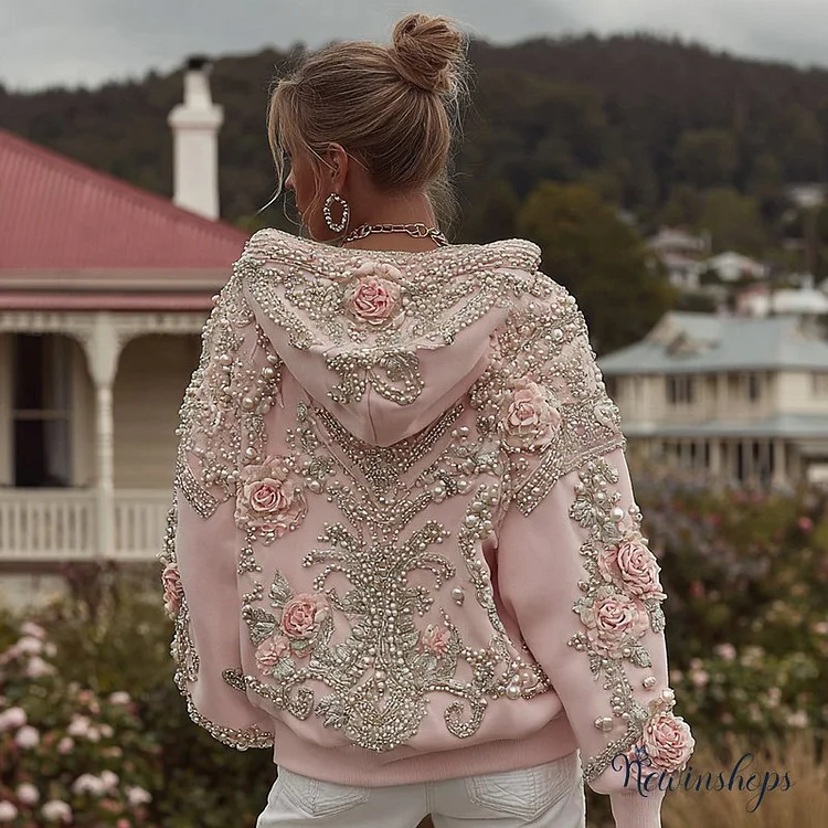 Women's Knitted Rose Embroidered Warm Hoodie