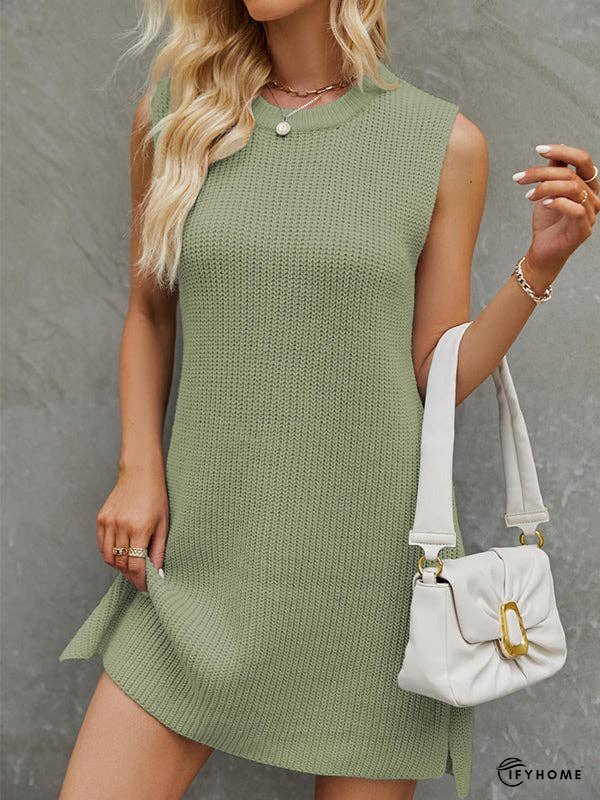 A-Line Loose Solid Color Split-Side Tied Waist Round-Neck Mini Dresses Sweater Dresses | IFYHOME