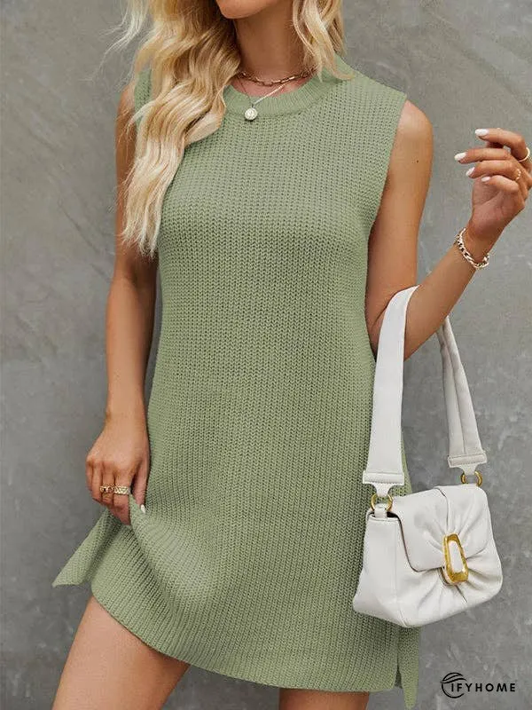 A-Line Loose Solid Color Split-Side Tied Waist Round-Neck Mini Dresses Sweater Dresses | IFYHOME