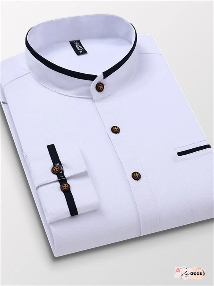Men's Dress Shirt White Blue Light Blue Long Sleeve Solid / Plain Color Standing Collar Spring & Fall Wedding Clothing Apparel