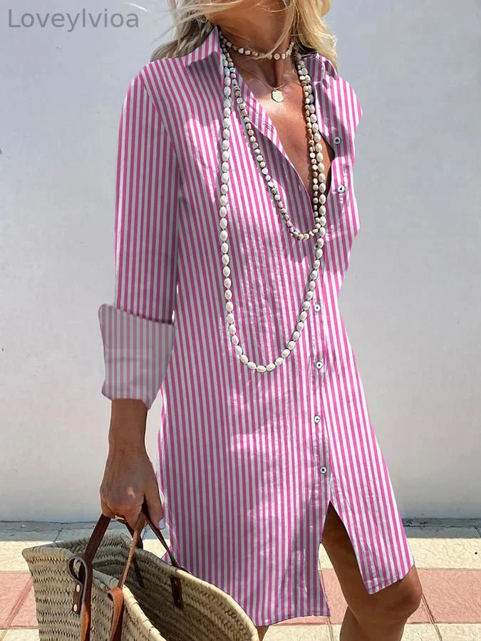 Women's Elegant Striped Print Shirt Dress