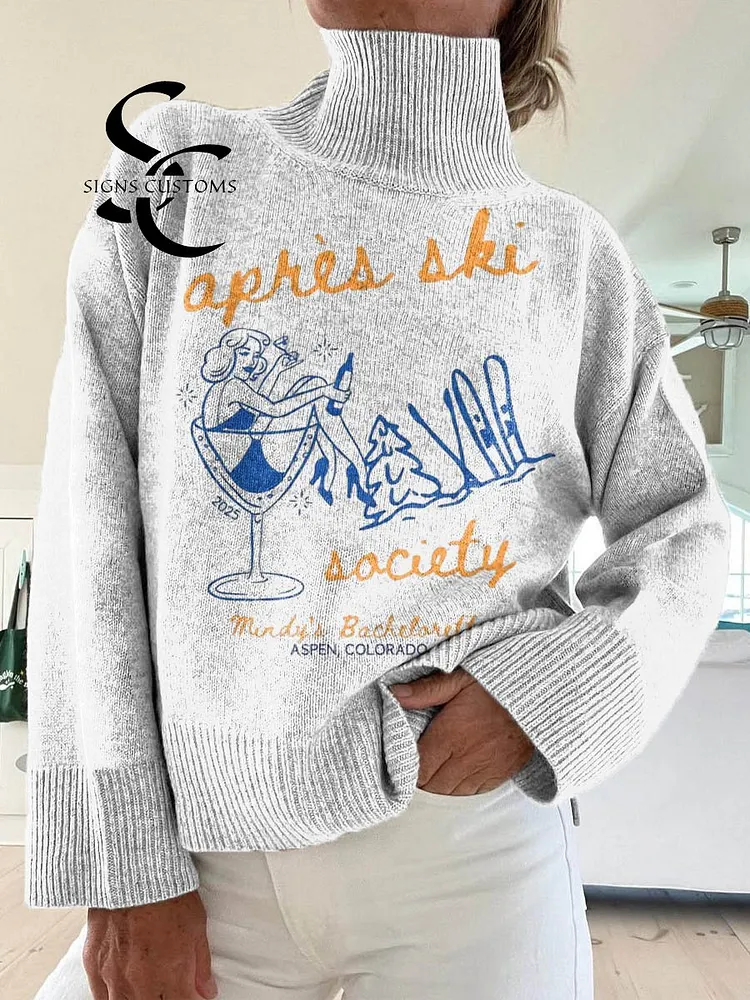 Women's Apres Ski Pattern Art Print Knit Turtleneck Pullover Sweater