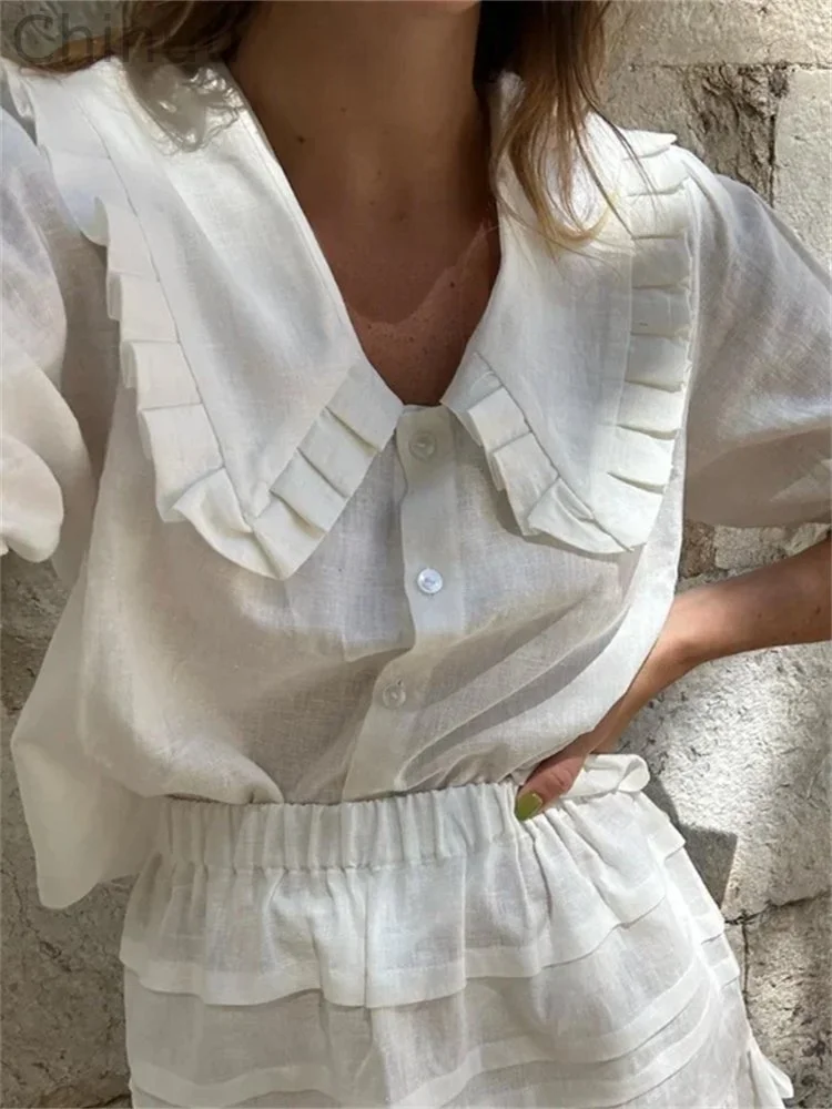 Vintage Ruffle Doll Collar Breathable Linen Blend Blouse