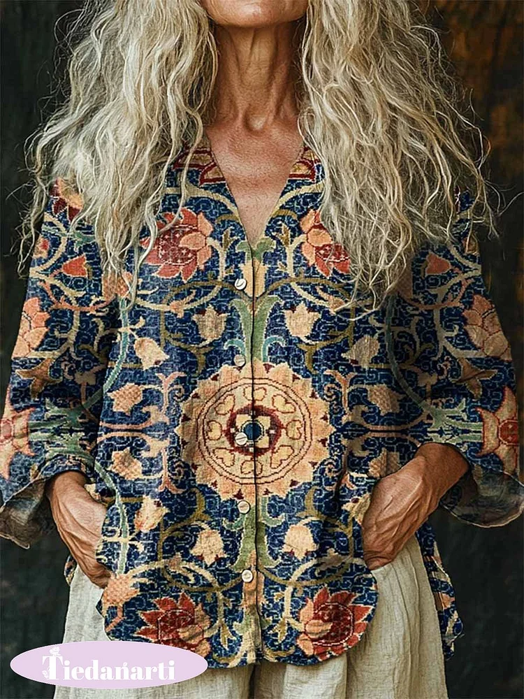 Women's Vintage Ethnic Pattern Print Linen And Cotton V-neck Casual Shirt