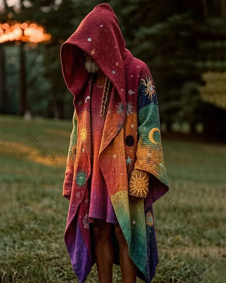 Men's Summer Fashion Hippie Style Star and Moon Embroidered Linen Cardigan Hooded Cape  4446