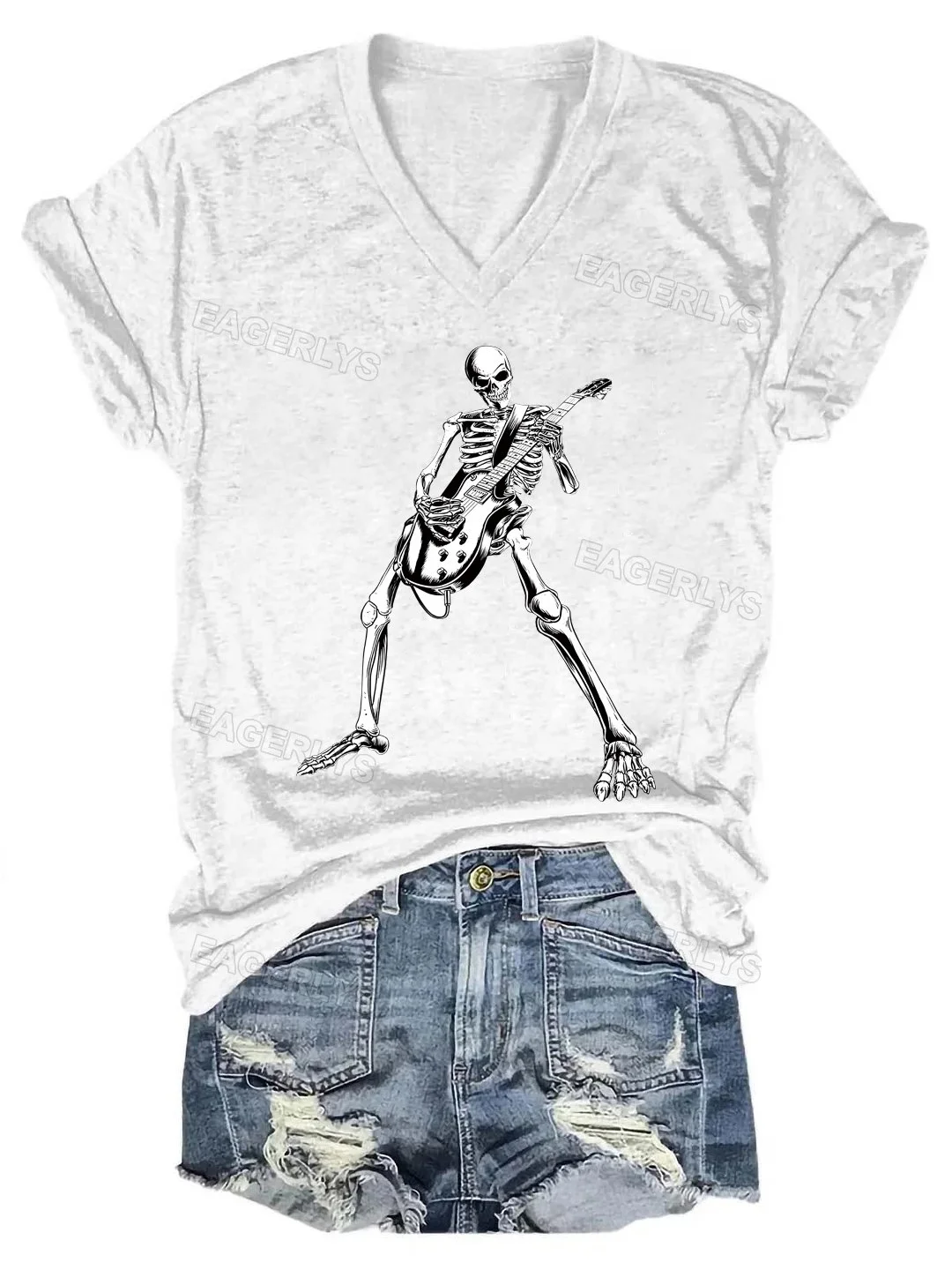 Eagerlys Guitar Skull Short Sleeve V-neck T-shirt Eagerlys