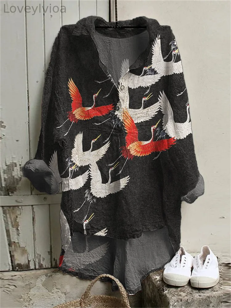 Cranes Japanese Art High Low Linen Blend Tunic