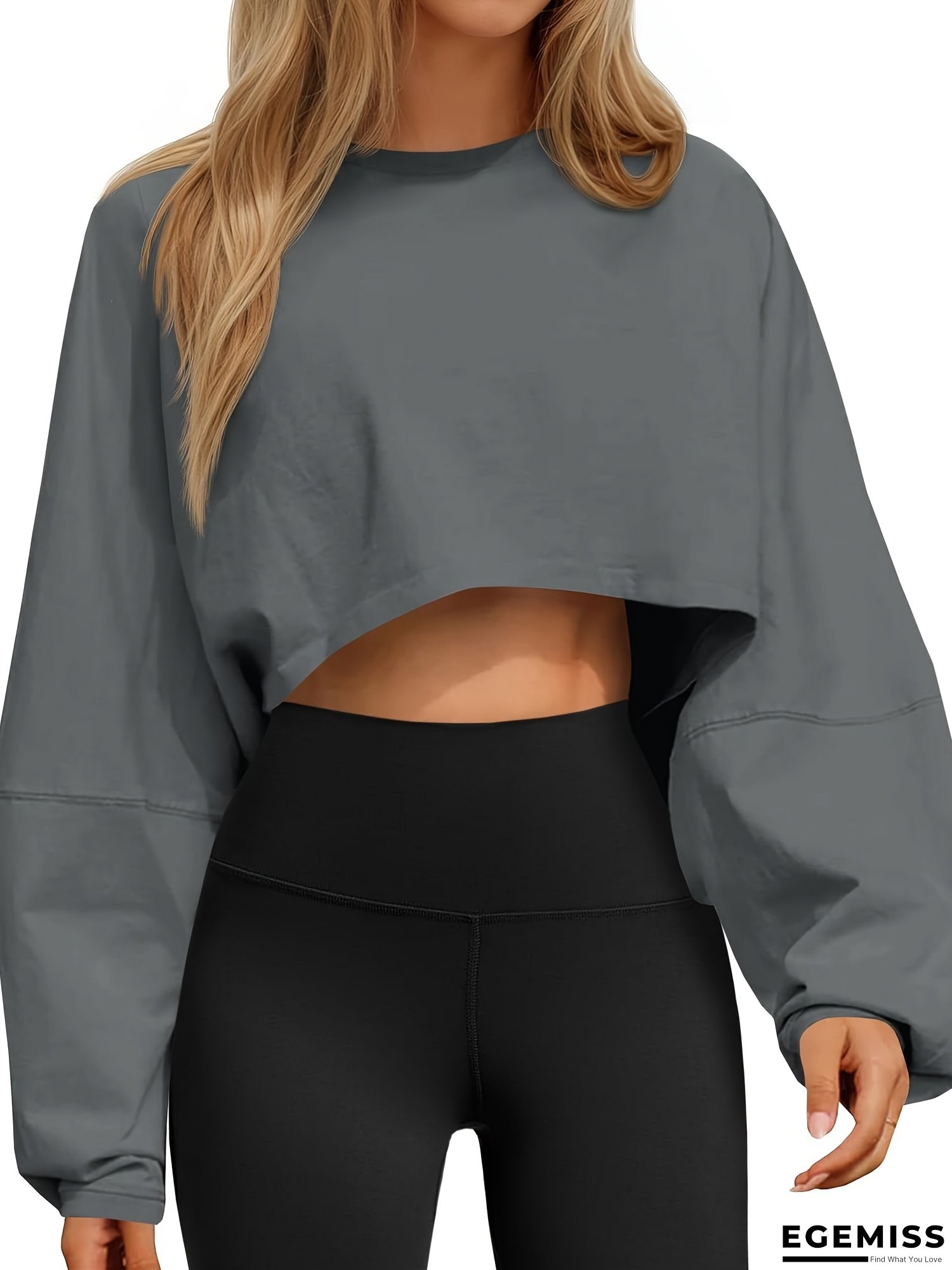 Women's Oversized Cropped Long Balloon Sleeve Sweatshirt - Loose Fit A-Line Crew Neck Top, Light Grey & Black Casual Shirt for, Casual Attire, Spring/Fall Layering | Machine Washable Breathable Fabric, Wear, Durable Construction, Comfortable Material | EGEMISS
